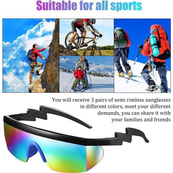 3Pairs Neon Retro Semi Rimless Sunglasses 80s 90s Zigzag Sunglasses Lens Rainbow - Picture 4 of 6